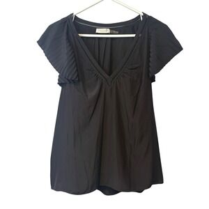 Ramy Brook Black Pleated Flutter Sleeve V-Neck Lace Trim Blouse S Going Out Date